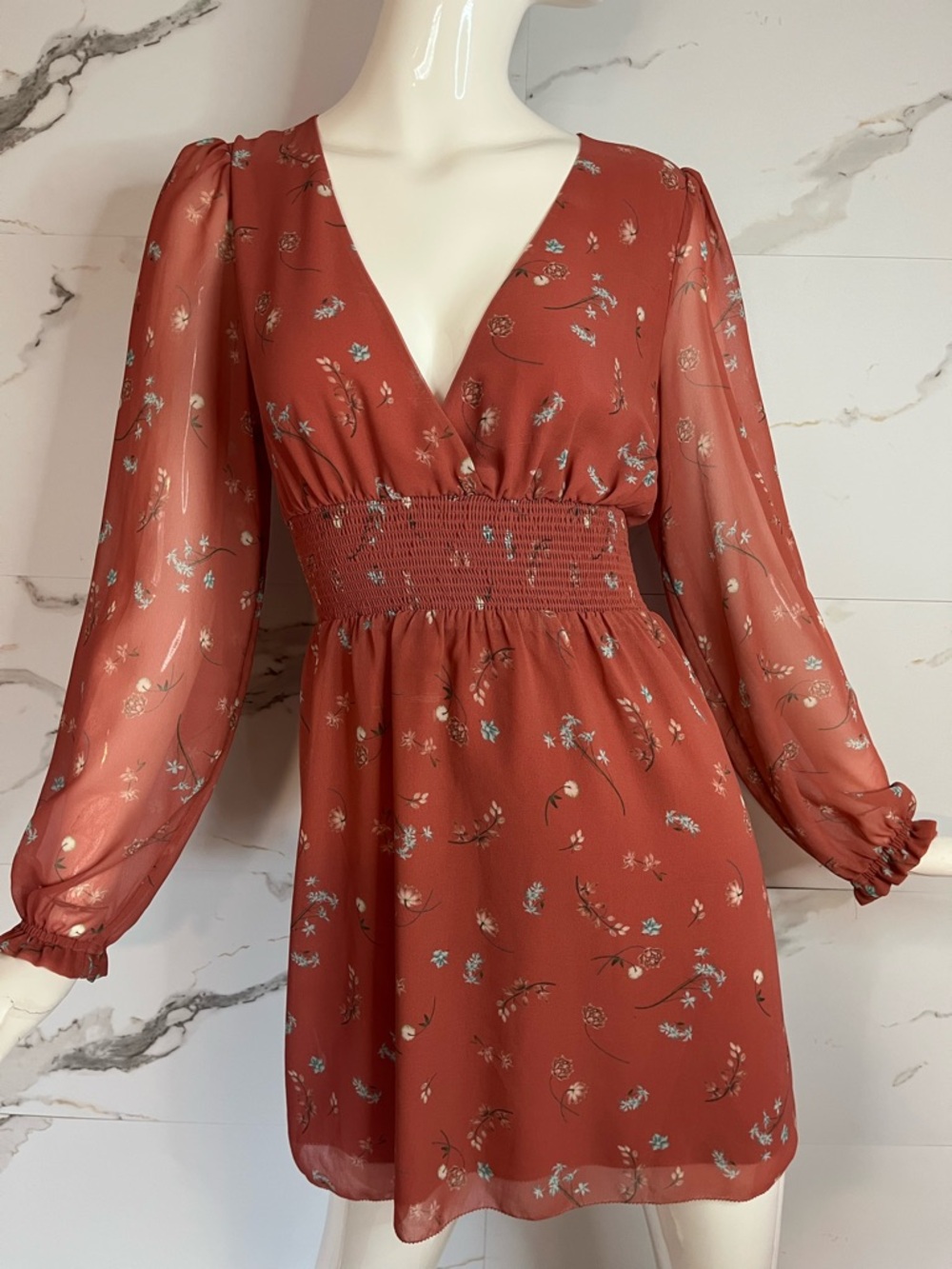 Wilfred Floral Long Sheer Sleeve Smocked Waist Dress.
